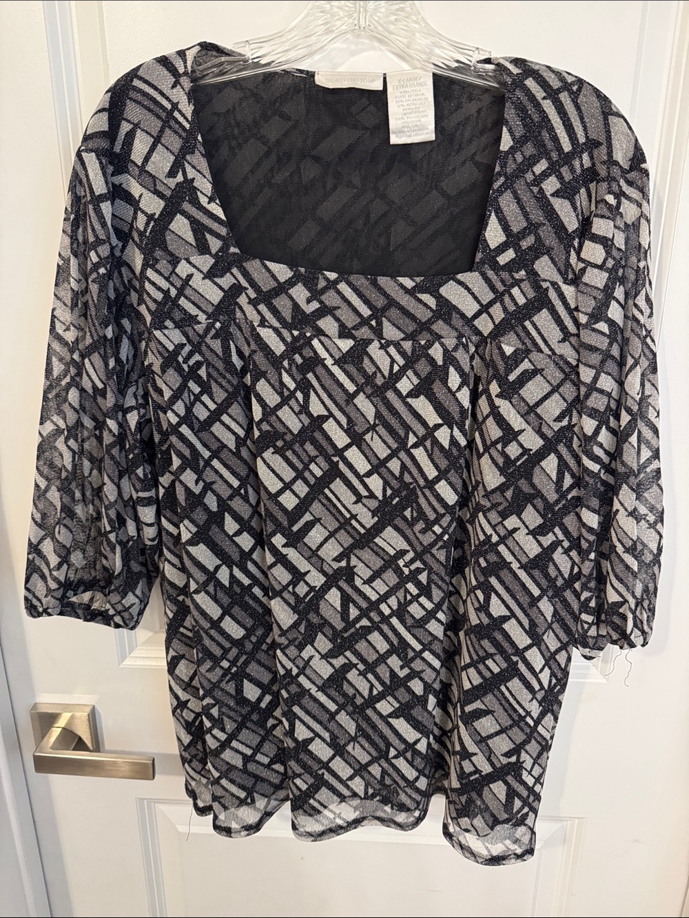 Worthington Black and Gray Geometric Square-Neck Blouse